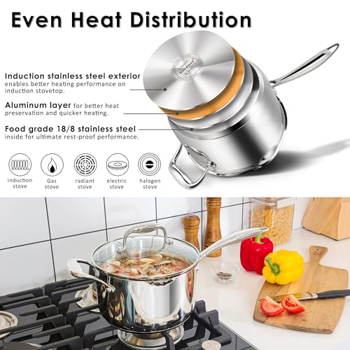 Rorence Stainless Steel Saucepan Sauce Pan with Pour Spout & Glass Lid with Strainer - 3.7 Quart - size: 3.7 Quart