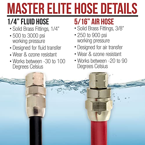 Master Elite Series 6 Foot Air and Fluid Hose Assembly Set with Fittings for Spray Guns, Paint Pressure Pot Tanks, Professional Heavy Duty - Air 3/8" NPS, 5/16" ID & Fluid Hose 1/4" NPS, 1/4" ID - size: 6-Foot Set