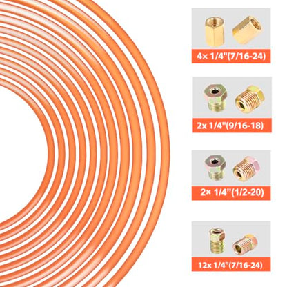 Brake Line Kit, 1/4" Brake Line Flaring Tool Kit, Copper Coated Brake Line (With 16 Fittings and 4 Threads Unions) and Double & Single Flare Tool (With Tube Cutter And 5 Adapters) - size: 1/4" Brake Line Kits