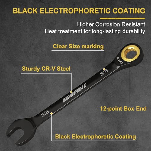 Egofine 3/8 Ratchet Wrench, 3/8 Wrench Ratcheting Combination Wrenches SAE, Industrial Grade Gear Spanner with 12 Point Box End, 72-Teeth Ratchet Black Electrophoretic Coating,CR-V - style: 3/8 inch