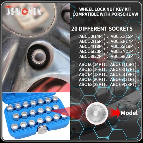 20PCS Wheel Lock Nut Key Kit Compatible with Porsche VW Touareg | Wheel Lock Nut Socket Adapter Set, Anti-Theft Lug Removal Tool, Anti-Theft Screw Remover, Repair Tool, Tyre Fitting, garage - color: 20PCS