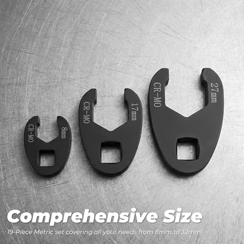 19PC 3/8” and 1/2” Drive Crows Foot Wrench Set, 8 to 32 mm Sizes Metric Crowfoot Wrench Set, Jumbo Flare Nut Wrenches, for 3/8in and 1/2in Drive Ratchet with Organizer Box