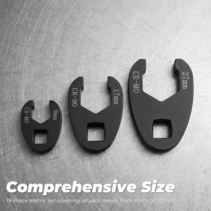 19PC 3/8” and 1/2” Drive Crows Foot Wrench Set, 8 to 32 mm Sizes Metric Crowfoot Wrench Set, Jumbo Flare Nut Wrenches, for 3/8in and 1/2in Drive Ratchet with Organizer Box