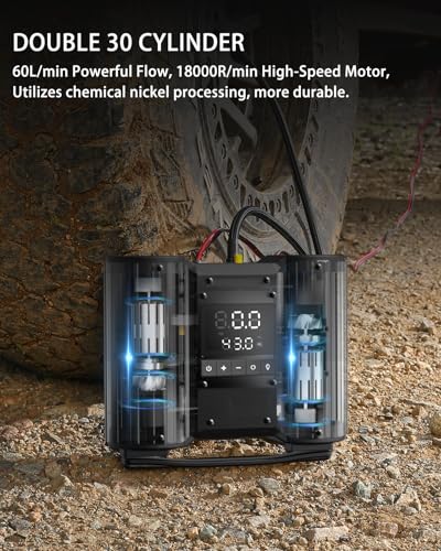 Dual-30mm-Cylinder 18000 RPM Motors Car Tire Inflator, Off Road Air Compressor for Truck 150 PSI 12V Heavy Duty Portable Tire Inflator with Gauge Auto Onboard