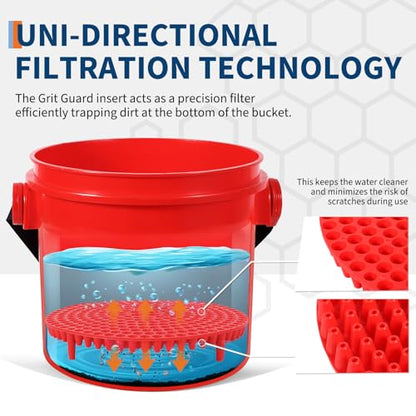 5 Gallon Car Wash Bucket Kit, 300LB Capacity Washing System with 5-Wheel Rolling Dolly, 15.5L Bucket, Grit Trap & Lid, Mobile Detailing Station for Car Wash (Red/Black)