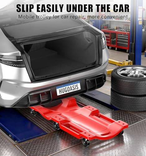 36 Inch Low Profile Mechanic Creeper, Heavy Duty Blow Molded Rolling Garage Creeper with Padded Headrest, Dual Tool Trays, 6 Steel Ball Bearing Swivel Casters, 350 lbs Capacity, Red - size: 36"
