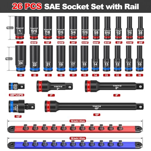 Deep Impact Socket Set 1/2" Drive - Trivd Frol 26pcs Socket Set Metric and Standard Full with Magnetic Socket Organizer, CR-MO Metric Socket Set 10-24mm & SAE Socket 3/8"-15/16", Extensions, Adapter