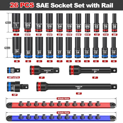 Deep Impact Socket Set 1/2" Drive - Trivd Frol 26pcs Socket Set Metric and Standard Full with Magnetic Socket Organizer, CR-MO Metric Socket Set 10-24mm & SAE Socket 3/8"-15/16", Extensions, Adapter