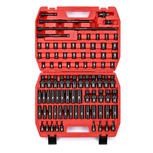 MIXPOWER 3/8'' Drive Master Impact Socket Set, 87-Piece Deep & Standard SAE and Metric,CR-MO, 1/4-Inch to 3/4-Inch and 6-19 mm, Impact Universal Sockets, Inverted Star Sockets, Extension Bar & Adapter - size: 3/8" Drive