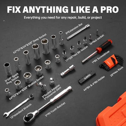 264-Piece Mechanics Tool Set, SAE & Metric Impact Socket Set, 1/2'', 1/4'', 3/8'' Drive, Deep & Shallow, CR-V Steel, with 90-Tooth Ratchet, Extension Bar, Universal Joint, with Molded Case - size: 264pcs 1/4", 3/8", 1/2"