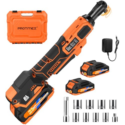 Protmex 3/8" Electric Cordless Ratchet Wrench Set (Brushless) | 74 FT-LBS (100 N.m), 400 RPM Variable Speed, LED Light, 21V with 2 x 2.0Ah Batteries, 1/4 Adaptor, 3" Extension Bar
