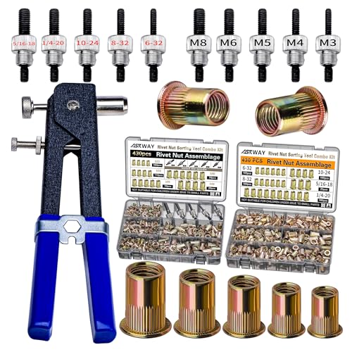 ASKWAY Rivet Nut Tool Set SAE & Metric 860 PCS SAE Pressure Rivet Nut Kit | 860pcs Carbon Steel Rivet Nut tool, SAE Rivet Nut (5/16-20, 1/4-20, 10-24, 8-32, 6-32), Metric Rivet Nut (M8, M6, M5, M4, M3)