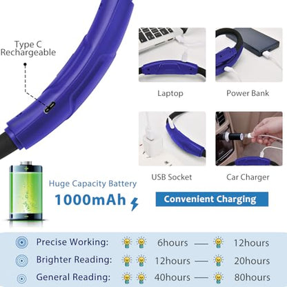 LUXJET Neck Reading Light & Book Lights - 3 Color & 6 Brightness, 80H Rechargeable, Flexible Arm - Christmas Gift White Elephant Gifts for Book Lovers - color: Dark Blue