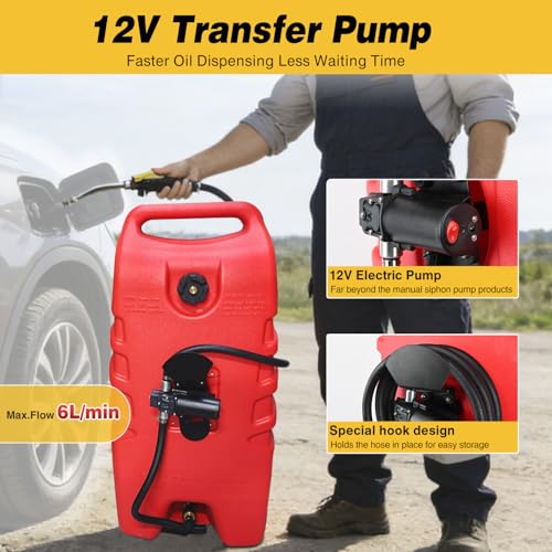 GOOACC 14 Gallon Fuel Caddy, Portable Fuel Transfer Tank with 12V DC Electric Pump, Heavy-Duty Empty Gasoline/Diesel Storage Container with Wheels and 10FT Hose for Motorcycles Boats Lawn Mowers, Red - size: 14 Gal Electric