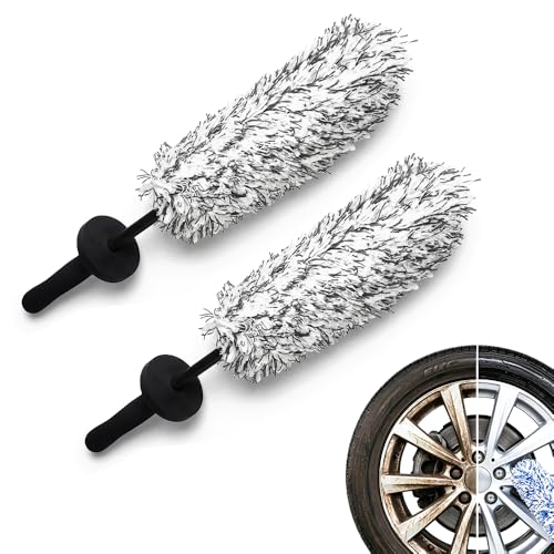 Wheel Barrel Cleaning Brush,2026 New Long Handle Microfiber Wheel Brush Car Duster,Lightweight Rim Detailing Tool for Narrow Spokes & Brake Calipers - color: Black Brush/2pcs