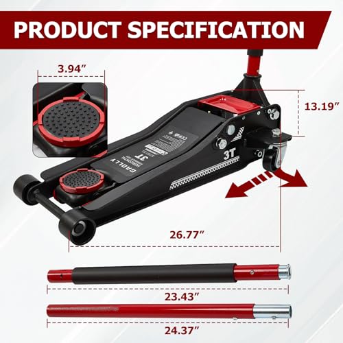 3 Ton (6600 lbs) Low Profile, Heavy-Duty Steel Racing Floor Jack with Dual Pistons Quick Lift Pump, Lifting Range 3.35"-19.69"