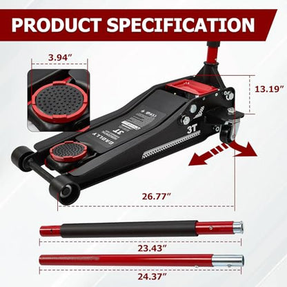 3 Ton (6600 lbs) Low Profile, Heavy-Duty Steel Racing Floor Jack with Dual Pistons Quick Lift Pump, Lifting Range 3.35"-19.69"