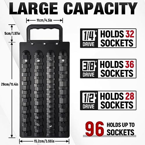 ALOANES 96-Piece Portable Socket Organizer Steel Tray, Socket Holders with Portable Handle, Heavy Duty Socket Holder Kit, 1/2-inch x 28 Clips, 3/8-inch x 36 Clips, 1/4-inch x 32 Clips(Black)