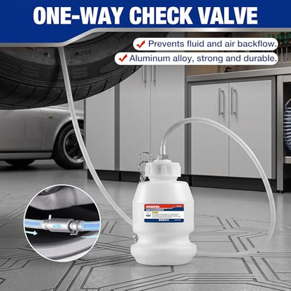 WORKPRO 1L Brake Bleeder Bottle with 63 Inch Brake Bleeder Hose One Way Check Valve & Rubber Connector, One Man Brake Bleeder Kit with Hooked Chain, Wide Base - for Automotive, Cars, Motorcycles