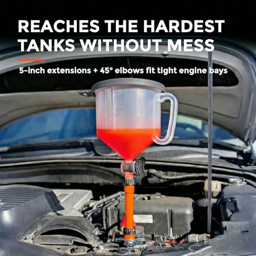 No-Spill Coolant Funnel Kit 15-Piece – Radiator Burping Funnel with Rotary Shut-Off Valve, GM & Ford Threaded Adapters, Extensions, 45° Elbows for Universal Cars & Trucks Cooling System Air Bleeding