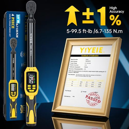 YIYEIE Digital Torque Wrench 3/8" Drive | 5-99.5 ft-lb | ±1% Accuracy | Smart Alert Multi | Electric Torque Wrench Digital for Bike/Moto/Auto, 2 Extension Bars Reach Tight Spaces