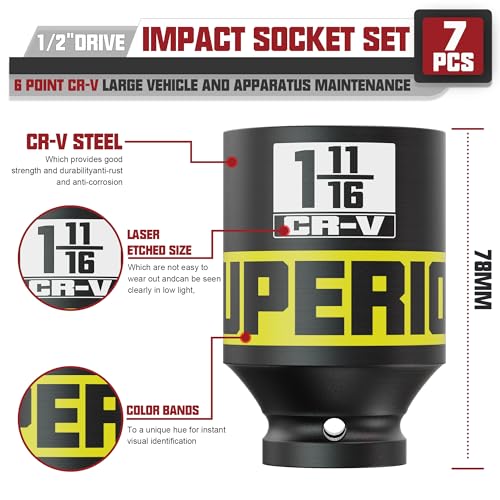 7pcs 1/2" Drive Impact Socket Set, SAE Axle Nut Sockets,1-3/8" to 1-3/4" Thicker Jumbo Sockets, Socket Set, 6 Point, Cr-V, for Mechanics, Durable Professional Tool Kit - size: 1/2" 7pcs