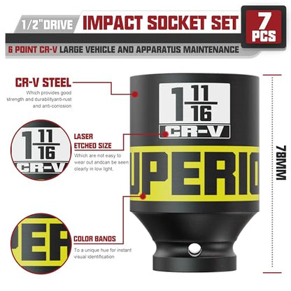 7pcs 1/2" Drive Impact Socket Set, SAE Axle Nut Sockets,1-3/8" to 1-3/4" Thicker Jumbo Sockets, Socket Set, 6 Point, Cr-V, for Mechanics, Durable Professional Tool Kit - size: 1/2" 7pcs