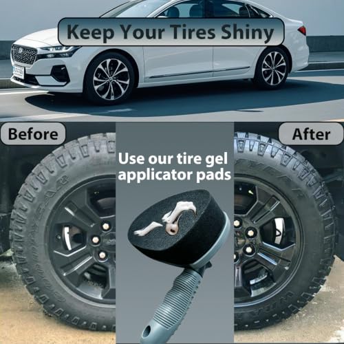 Tire Shine Applicator Pads with Handle, Tire Dressing Applicator with Extra Pad, Reusable Tire Shine Sponge Wave Contoured for Car Detailing (1 Handle & 2 Pads)