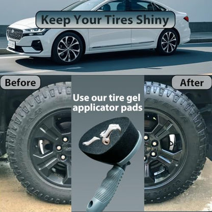 Tire Shine Applicator Pads with Handle, Tire Dressing Applicator with Extra Pad, Reusable Tire Shine Sponge Wave Contoured for Car Detailing (1 Handle & 2 Pads)