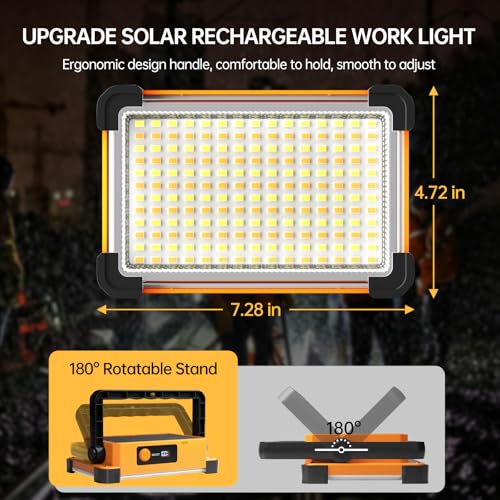 150W Solar Rechargeable Work Light, 180 LED 10000LM Portable Flood Light, IP65 Waterproof 3 Modes, with Stand, for Job Site Home Repair Camping Fishing Garage Workshop Emergency