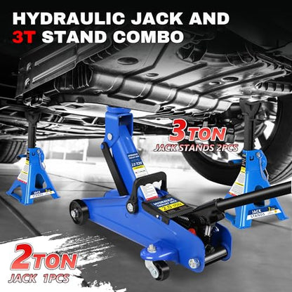 2 Ton (4000 lbs) Capacity, Low Profile Hydraulic Trolley Service/Floor Jack Combo with 2 Ratchet 3 Ton Jack Stands, tire Repair kit, 14-inch Wheel Cross Wrench - color: 2Ton + Stands+Tire repair+Wrench+Wheel chock Blue
