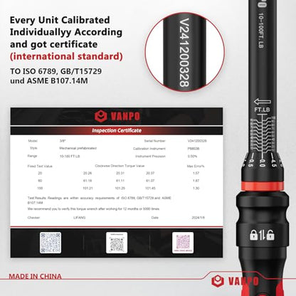 VANPO Torque Wrench 3/8-Inch Drive, 10-100 ft-lb, for Motorcycle | ±3% Precision, Calibration, Click Style, TPR+ABS Handle, Dual Direction, Dual Direction, for Spark plugs, Brake & Lug nuts - size: 10-100 ft-lb