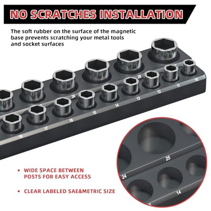 Magnetic Socket Organizer Holder Set – 3-Piece Tool Organizers Including 1/4", 3/8" and 1/2" Drive Socket Holder Metric 68 Pieces Socket Trays (Sockets are not Included) Black - color: Black