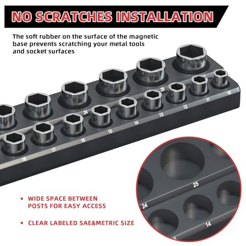 Magnetic Socket Organizer Holder Set – 3-Piece Tool Organizers Including 1/4", 3/8" and 1/2" Drive Socket Holder Metric 68 Pieces Socket Trays (Sockets are not Included) Black - color: Black