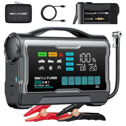 JS3 Real 3250A Jump Starter with Air Compressor 160PSI, 12V Car Battery Booster with Display, Jump Box with Light, Support 65W Fast Charging Power Bank, 10L Gas/8L Diesel Engines - color: Grey