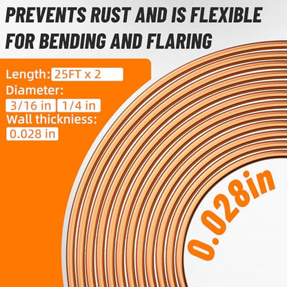 3/16" 1/4" Brake Line Repair Kit, Double & Single Brake Line Flaring Tool Kit + 2 Set 25ft 3/16" 1/4" Inch Brake Line with 100 Pcs Fittings(8 Unions Included) + Brake Line Bender - size: 3/16"+1/4"