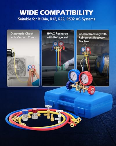 OMT AC Gauge Set for R134a, R12, R22, and R502, 5 ft Hoses | Includes R134a Couplers Self-Sealing & Piercing Can Taps 29° Adapter; Solid Brass Build; Ideal for Auto Freon Recharge - size: R134a R22 R12 R502