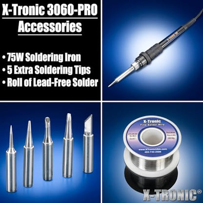 X-Tronic 3060-PRO • 75W Soldering Iron Station Kit • 5 Extra Tips • Mini Mag Lamp • 4 Helping Hands • Solder Sucker • Tweezers • 50g Solder • Brass Sponge w/Flux • Sleep Func, °C/°F, 3 Temp Presets! - style: PRO - w/5 Solder Tips & All Accessories