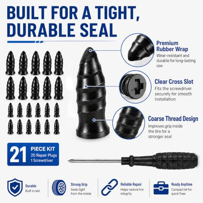 Screw In Tire Plugs Repair Kit 20pcs 2 Sizes Fast DIY For Car Truck Tires | Easy DIY Installation, 2 Sizes Included, Durable Rubber With Iron Core