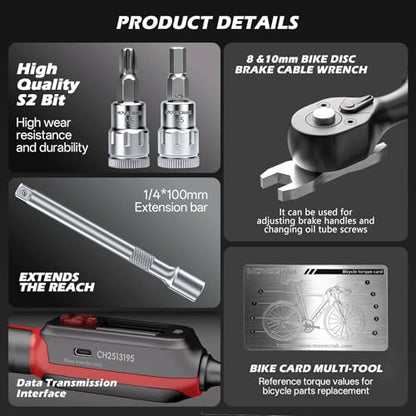15-Piece Bike Digital Torque Wrench Kit, 1/4" Drive, 1-22 Ft.lb | Electronic Torque Wrench with Hex & Torx Bits, Bike Card Tool, LED & Buzzer Alerts for MTB, Road Bike & Bicycle Maintenance - size: 1/4" 15pcs-Bike 1.5-30N.m/1-22Ft.lb