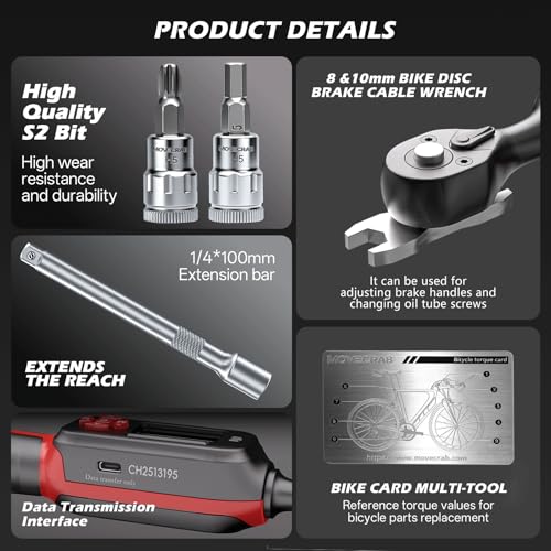 15-Piece Bike Digital Torque Wrench Kit, 1/4" Drive, 1-22 Ft.lb | Electronic Torque Wrench with Hex & Torx Bits, Bike Card Tool, LED & Buzzer Alerts for MTB, Road Bike & Bicycle Maintenance - size: 1/4" 15pcs-Bike 1.5-30N.m/1-22Ft.lb