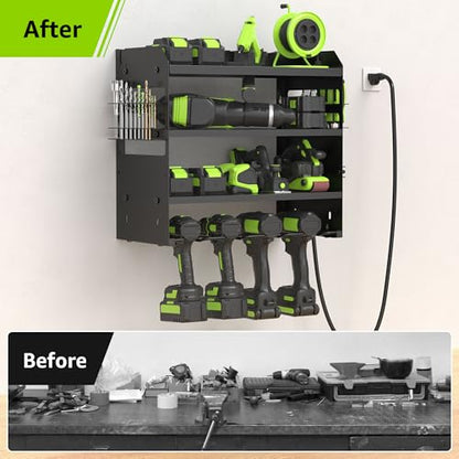 HUPBIPY Modular Power Tool Organizer Wall Mount Drill Holder Garage Shelf | 4 Layer Heavy Duty Rack with Charging Station Drill Holders and Magnetic Tool Holder Strip Tool Battery Holder Gift for Men - color: Black 1 pack