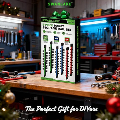 6-piece Socket Organizer Storage Set, 1/4-Inch, 3/8-Inch, 1/2-Inch Double Sided Aluminum Alloy Socket Holder Rail, Drive Socket Trays Holds 108 Sockets, 360° Swivel Clip Socket Holder Kit for Tool Box