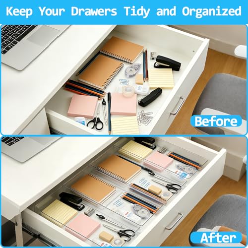 Manalete 8 Pack 15"x6" Extra Large Clear Plastic Drawer Organizer Trays, Multi-Purpose Storage Bins for Vanity, Makeup, Kitchen Utensils, Bathroom, Office Desk, Auto Tools & Craft Supplies - size: 8 Pack 15"×6"