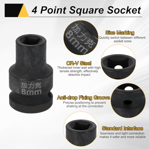 HARFINGTON 3pcs 4 Point Square Socket 1/2" Drive 8mm Metric Square Impact Socket CR-V Blackening Standard Wheel Sleeve Pneumatic Sleeve Tool for Auto Repair Mechanical Maintenance Home Use - size: 8mm