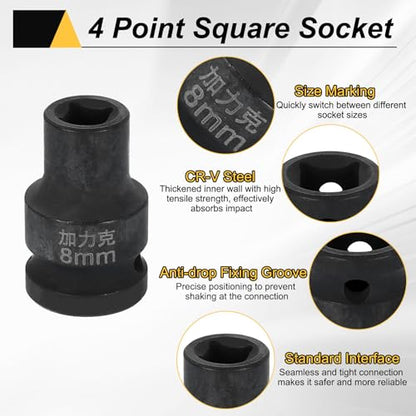HARFINGTON 3pcs 4 Point Square Socket 1/2" Drive 8mm Metric Square Impact Socket CR-V Blackening Standard Wheel Sleeve Pneumatic Sleeve Tool for Auto Repair Mechanical Maintenance Home Use - size: 8mm