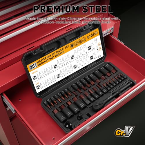 35-Piece Master Hex Bit Socket Set, 1/4", 3/8", 1/2" Drive Allen Socket Set H2-H19, 5/16"-3/4", Premium CR-V & S2 Alloy Steel, Ratchet Wrench, Sockets Adapter, High Torque for Automotive Mechanic - style: 35pcs Hex Bit Socket Set