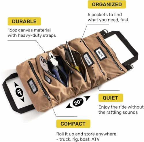 Official Legacy Tool Roll Bag, 5-Pocket, 20 x 12 in, ArmyGreen, Made in USA | Easy to Carry Roll Up Tool Bag, Durable Canvas, Rust-Proof YKK Zippers, Secure Buckle, Loving Gift for Electrician, Mechanics - color: Army Green, size: Legacy - Standard (20 x