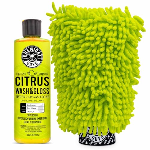 Chemical Guys CWS_301_16M Car Wash Starter Bundle - Citrus Wash & Gloss Foaming Car Wash Soap, 16 oz, Citrus Scent + Green Chenille Wash Mitt (2 Items) Works on Cars, Trucks, SUVs, RVs & More - size: 16 oz