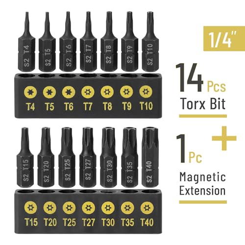 Bates Torx Bit Set, 15 Pieces T4-T40, Tamper Proof Security Star Bits, 1/4 Hex Screwdriver Set - size: 15 pcs, T4-T40, style: Torx Bit Set